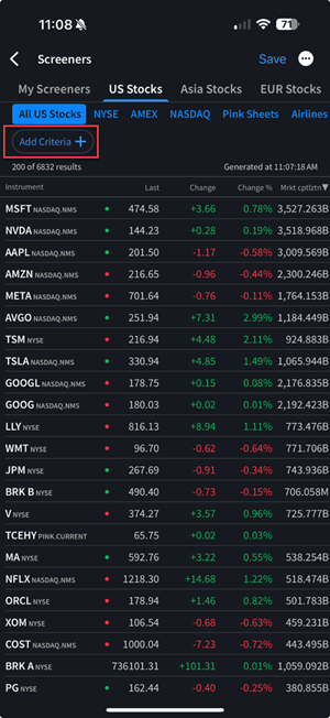 The add screener criteria on the iPhone. 